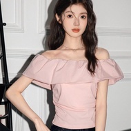 Alisa.sonya เสื้อยืดแขนเสื้อแขนสั้นมีระบายหวานชุดเกาหลีฤดูร้อนของผู้หญิง24AS1308