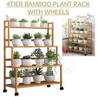 [SG SELLER] Multi-Layer Bamboo Plant Rack Plant Stand Flower Rack Gardening Rack Indoor Outdoor Plant Rack With Wheels