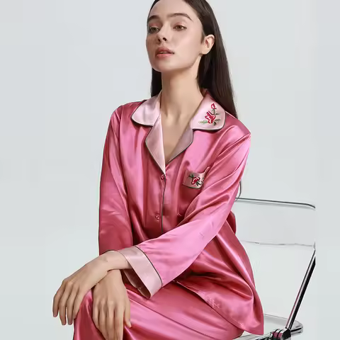 Embroidery 22MM Heavy Silk Piping Pajama Set 100% Mulberry Silk Women's Sleepwear Loungewear Button 