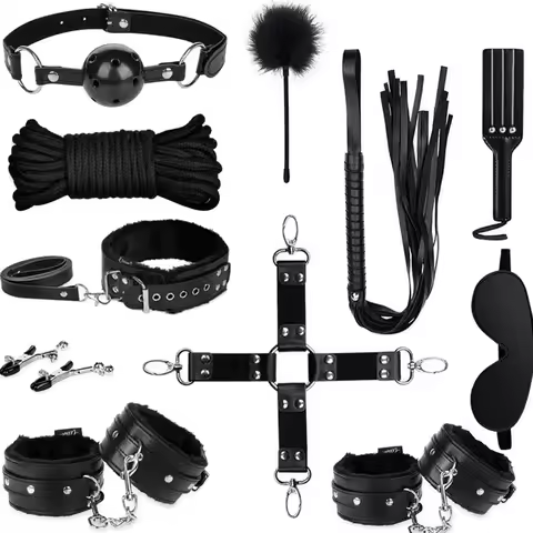 Elegant Bondage Set for Couples, Leather Plush Blindfold Handcuffs Feather Tickler, BDSM Starter Kit