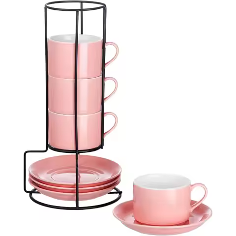 Coffee Cups Set of 4, 3/5/8/10oz Stackable Coffee Cups Set with Saucers and Metal Stand, Suit for Ca