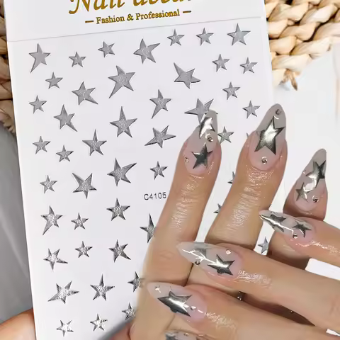 3D Metal Silver Pentagram Nails Stickers Mirror Laser Irregular Star y2k Self-adhesive Decals 8*10cm