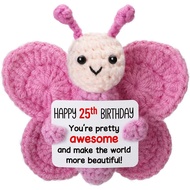 25th Birthday Gifts for Women, Mini Crochet Pink Butterfly Plush for 25th Birthday Decorations, Happ