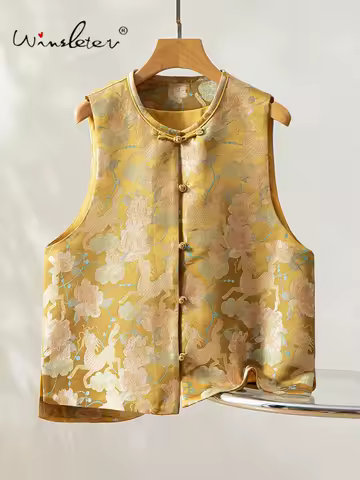 Winsleter-100%Real Silk Song Brocade Elegant Vest Coat, O Neck Floral, Women New Chinese Style Waist