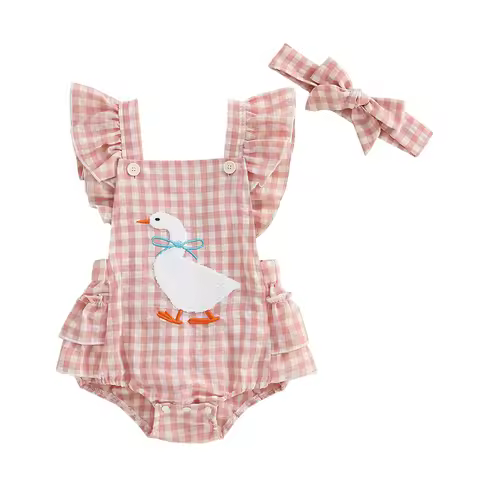 0-18M Newborn Baby Girl Duck Outfit Goose Smocked Bubble Romper Ruffle Sleeveless Bodysuit Headband 