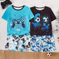 4pcs/Set Tween Boy Short Sleeve & Shorts Knit High Elasticity Cool Print, Combination Of Football & 