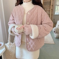 Korean New Floral Jacket Round Neck Diamond Lamb Fur Thickened Sweet Winter Coat