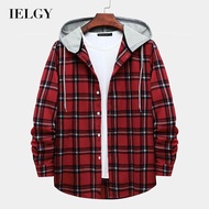 IELGY เสื้อเชิ้ตแขนยาวลายสก๊อตสีแดงมีฮู้ดสำหรับผู้ชาย
