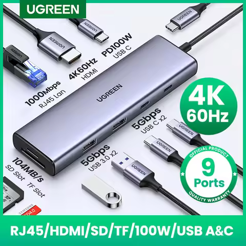 UGREEN USB C HUB 4K60Hz HDMI 9-in-1 PD100W USB3.0 5Gbps SD TF RJ45 for Laptop Macbook Air Pro Window