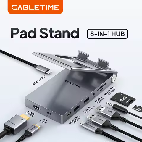 CABLETIME 8 IN 1 USB C Hub Stand Dock Foldable Stand HDMI 4K 60Hz PD100W USB C HUB For IPad Pro Andr