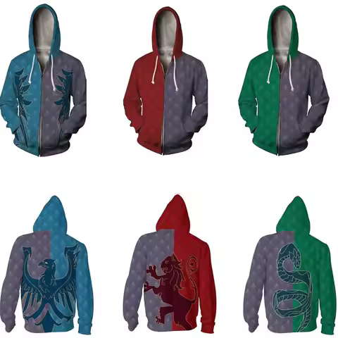 Movie Hogwarts Slytherin Cosplay Hoodies Ravenclaw Hufflepuff Gryffindor Zipper Sweatshirt School Un