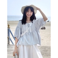 [Ready Stock] Japanese Sweet Puff Sleeve Plaid Loose Mori Design Baby Shirt Top 6191