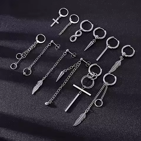12pcs/set Black Or Silvery Unisex Cross Pendant Earrings Steel Earrings Set Black Earrings Set Penda