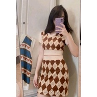 SC V-Neck Argyle Print Top & Skirt Set for Women