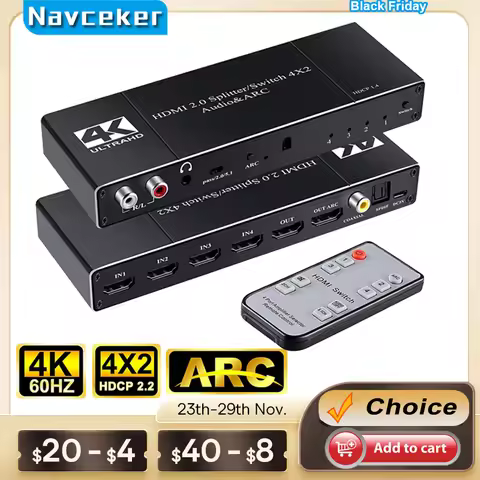 4x2 4K HDMI Switch Audio Extractor ARC & Optical Toslink 4 IN 2 OUT Switch HDMI 4K 60Hz HDMI Switche