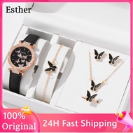 6 PCS/Set Luxury Watch for women Fashion Accessories Jewelry Set Birthday gift for girlfriend women Casual Watches Butterfly Necklace Earrings Bracelet Set ladies watches on sale branded 18k pawnable bracelet Women Fashion Rings pawnable gold original