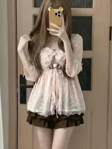 New Japanese Vintage Sweet Lace Y2k 3 Piece Set Women Pink Strap Tops + Cardigan + Skirt Harajuku Ch