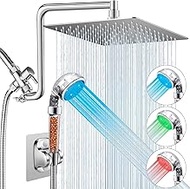 Filtered Shower Head with LED, 10'' Rain Shower Head with Upgraded 12'' Curved Adjustable Extension Arm, High Pressure Color Changing LED Handheld Shower Head with Filter Beads for Hard Water, Chrome