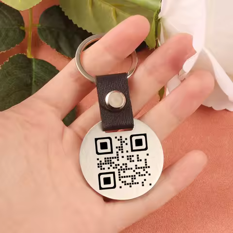 1pcs personalized laser engraved QR code picture PU round stainless steel keychain, exclusive QR cod