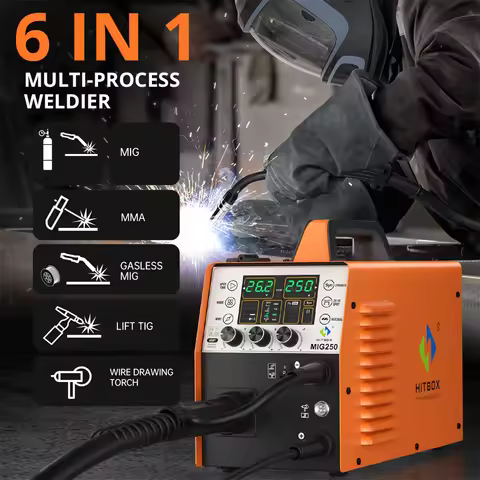 HITBOX 250A 6 in 1 Aluminum Welding Machine ARC MMA/MIG Gas Gasless/Lift TIG 2T 4T IGBT Inverter Sem