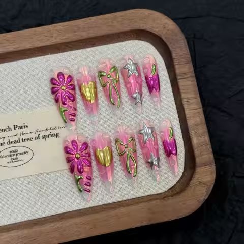 10pcs Rose Red Sweet Cool Press On Nails 3D Carving Flower Bowknot Y2k Star Designs Handmade False N