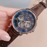 Tommy Hilfiger手錶 咖色藍面皮帶錶 商務休閒男錶 大直徑石英錶 三眼計時手錶 時尚潮流學生手錶男17912890