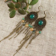 Green Agate Earrings Yellow Rutile Quartz Bronze Large Long Earrings Jewelry