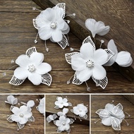 3pcs / Set Jepit Rambut Desain Bunga Putih Daun Manik-Manik Kristal