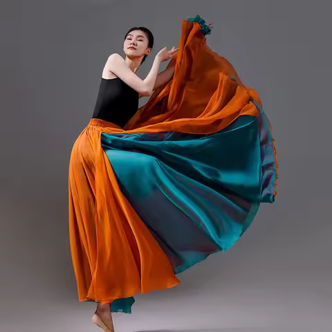 Women Classical Half skirt Modern Dance Training Skirt Elegant Double ChiffonPerformance Swing Skirt