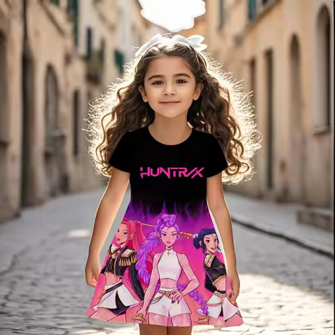 Girls Kids Kpop Demon Hunters Dress Summer Anime Cartoon Princess Beach Dress Casual Sleepwear