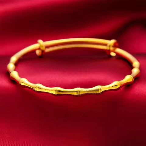 24K Gold Solid Bamboo Joint Bangle | AU999 Pure Gold, 3D bamboo texture, shiny finish, elegant for d