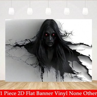 2D Flat Wall Banner, 1pc Halloween Party Flat Wall Banner 2D Printed - Black Hair Evil Spirit Breaki