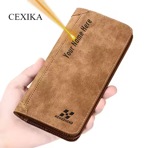 Engraved Name Men's Long Vintage Wallet Large-Capacity Purse Dompet Lelaki Personalized Gift for Fat