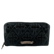 二手 Chrome Hearts REC F 圓形拉鍊錢包，帶有絎縫墓地十字架貼片和匕首形拉鍊，黑色。包含卡槽和零錢包。