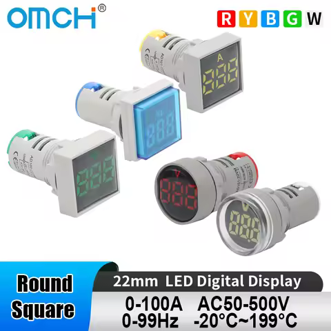 OMCH 1PCS 22mm LED Digital Display Round/Square Ammeter Voltmeter Hertz Meter Thermometer 0-100A AC5
