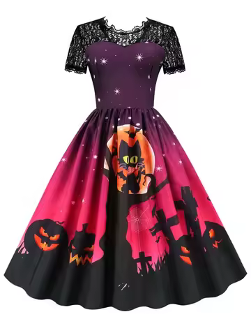 Women's Vintage Lace Halloween Dress Short Sleeve Elegant Evening Prom Costume 50s 60s Party Vintage