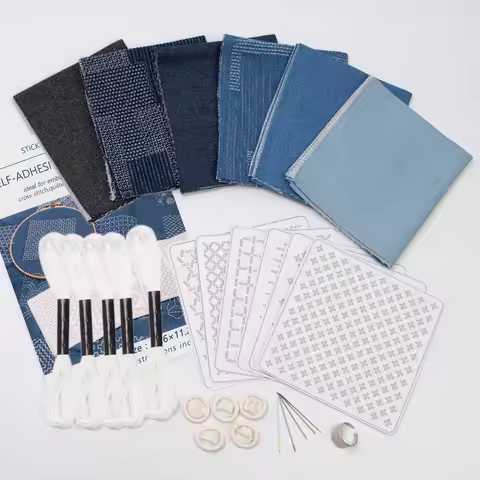 Sashiko Kit,Thread and Needles Sashiko Thimble Sashiko Fabric Denim Fabric,Water Soluble Embroidery