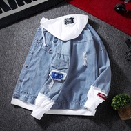 Denim Jackets Spring and autumn hooded denim jacket men's Korean version slim fit learning casual fashion couple fake two jackets for men jiahuiqi