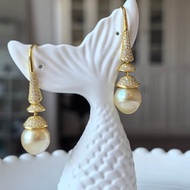 金色眼淚 天然海水珍珠 南洋金珠 純銀耳環