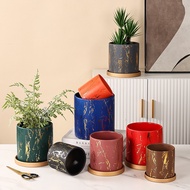 Nordic Simple Marbling Flower Pot Creative Personality PhalaenopsisinsWind Household round Ceramic Flower Pot with Holder
