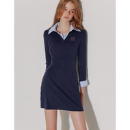 AIR SPACE Fitted Ribbed Polo Neck Knit Mini Dress with AIR SPACE Logo Embroidery