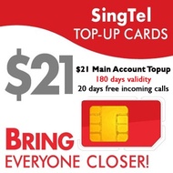 Singtel SGD21 hi Top-up (Main Account Topup 180 days validity 20 days free incoming calls)