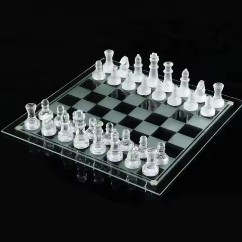 Glass Chess Set and Checker Board Elegant White and Frosted Pieces 7.5"