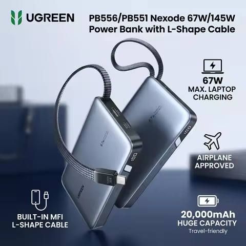 UGREEN 20000mAh Built-in USB-C Cable Power Bank 67W/65W Fast Charge Laptop Battery 21700 Cells PB556