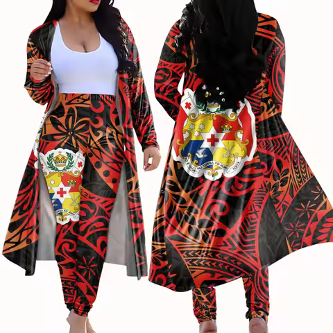 Wholesale Polynesian Tattoo Kimono Jacket Tonga Tribal Tatau Tracksuit Matching Cardigan Set Custom 