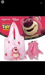 正版迪士尼玩具總動員lotso 草莓熊折叠购物袋