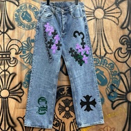 EQ9K Chrome Hearts Couple Cross Leather Sanskrit Straight Overall Jeans Men Women