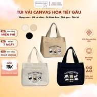 Túi Đựng Cơm/Đồ Cá Nhân Vải Canvas In Hình Gấu - Túi Xách Nhỏ Gọn Có Khóa Kéo Tiện Lợi