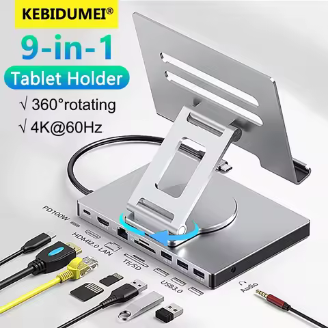9-in-1 USB C HUB Tablet Holder Docking Station 4K60Hz HDMI USB3.0 5Gbps 1000Mbps Ethernet Data Trans
