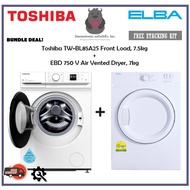 Toshiba TW-BL85A2S 7.5kg + ELBA EBD 750 V 7kg Front Load Washer + Air Vented Dryer | Free Stacking K